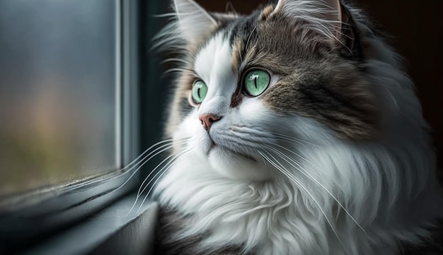 A cat looking out a window with a green eye