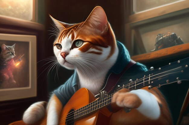 A cat playing a guitar is shown in this illustration.