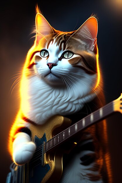 A cat playing a guitar with a black background