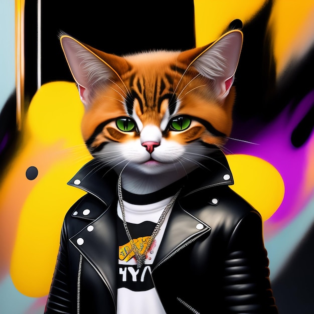 A cat wearing a black leather jacket that says'my city'on it