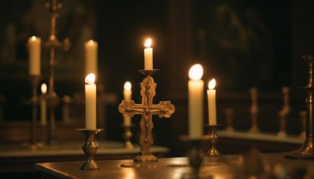 Catholic candle burning in illuminated altar decoration generated by AI