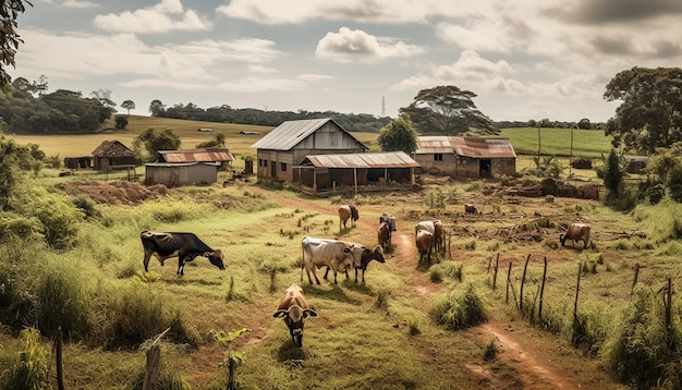 Cattle graze on green meadow under blue sky generated by AI