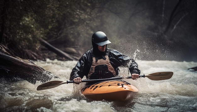 Foto gratuita l'atleta caucasico pagaia in canoa attraverso l'acqua rapida generata dall'intelligenza artificiale