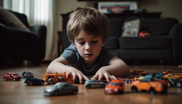 Free photo caucasian boys playing toy car joyful childhood fun generated by ai