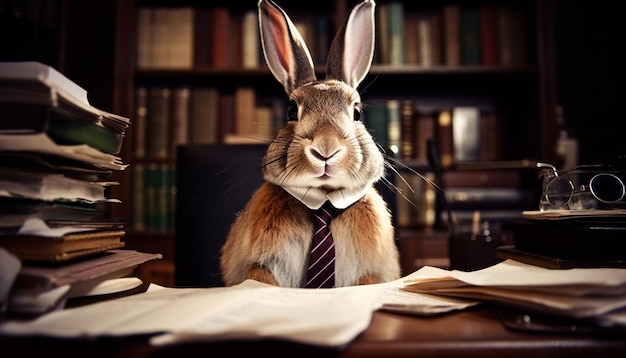 Free photo caucasian businessman reading with cute pet rabbit generated by ai