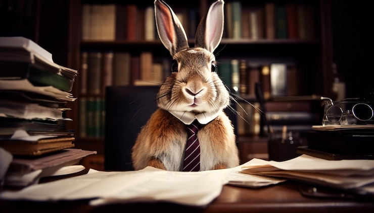 Free Photo caucasian businessman reading with cute pet rabbit generated by ai