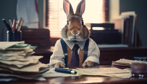 Caucasian businessman works at desk with pet rabbit generated by AI