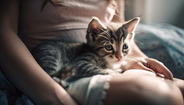 Caucasian child embracing playful kitten in bed generated by AI