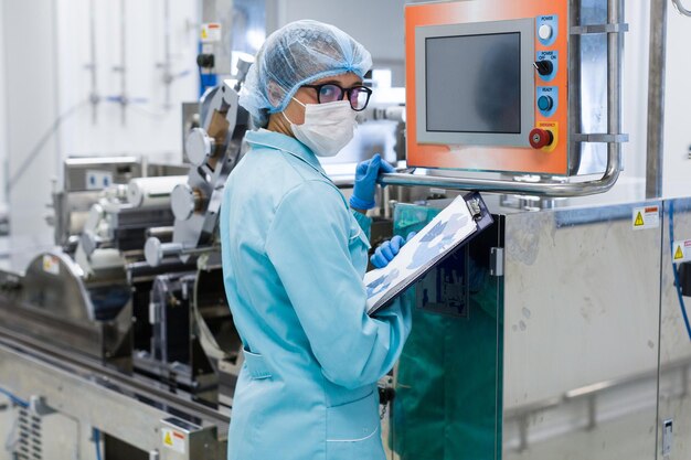 Caucasian factory worker in blue lab suit check readings of machine look at camera