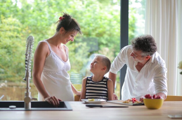 caucasian family in the kitchen