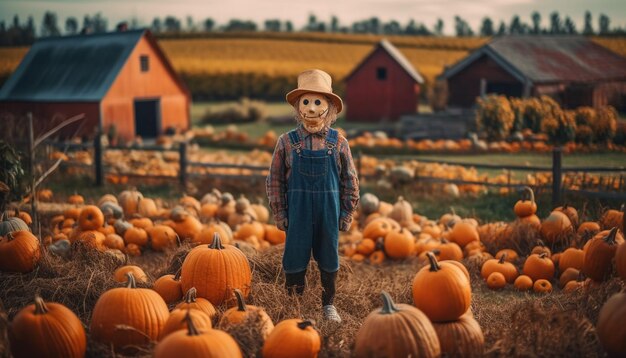 Caucasian farmer holding pumpkin smiling in autumn generated by AI