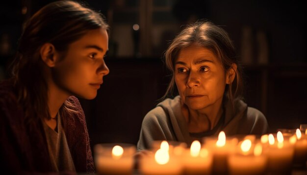 Бесплатное фото Кавказские женщины в помещении наслаждаются ночью при свечах, созданной искусственным интеллектом