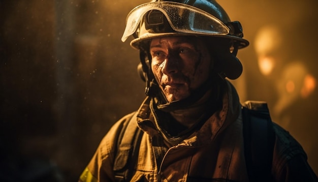 Free photo caucasian firefighter in protective workwear battles flames generative ai