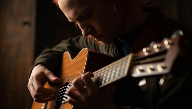 Free photo caucasian guitarist playing acoustic guitar with concentration generated by ai