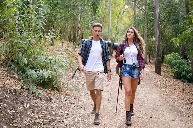 Caucasian hikers walking or trekking on forest path surrounded with mountain trees. Pretty woman and handsome man hiking together through woods. Tourism, adventure and summer vacation concept