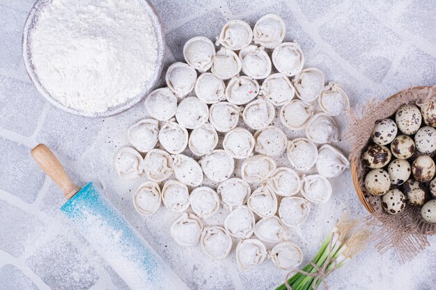 Caucasian khinkal stuffings on flour on ground.