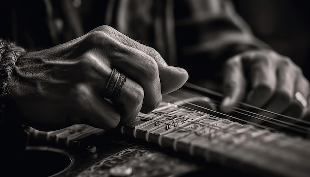 Free photo caucasian male musician playing acoustic guitar with selective focus on fretboard generated by ai