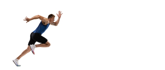 Caucasian professional male runner athlete training isolated on white  wall copyspace for ad