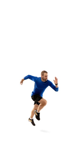 Caucasian professional runner, jogger training isolated on white studio in fire