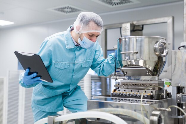青い実験室のスーツを着た白人の科学者は、チューブ付きの大きな鋼のクロム鋼の機械についてメモを取ります
