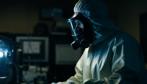 Free photo caucasian scientist in protective suit researching toxic waste generated by ai