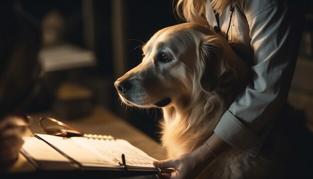 Foto gratuita veterinario caucasico che tiene uno stetoscopio che controlla il golden retriever generato dall'intelligenza artificiale