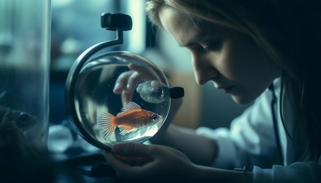 Foto gratuita donna caucasica che tiene il pesce rosso sorridente ai generativa sott'acqua