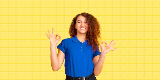 Caucasian woman's portrait on mosaic tiles on the wall, flyer