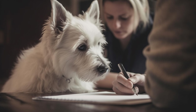 Free photo caucasian woman sitting with cute terrier puppy generated by ai