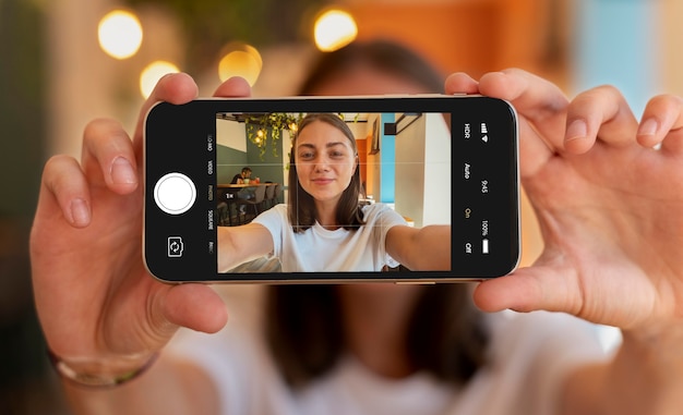 Free photo caucasian woman taking a selfie with her smartphone