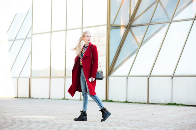 Caucasian woman walking outdoors