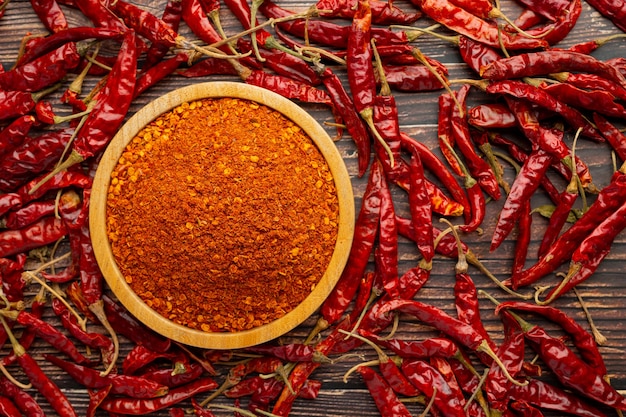 Cayenne dried pepper in small wooden plate