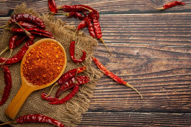 Cayenne dried pepper in wooden spoon