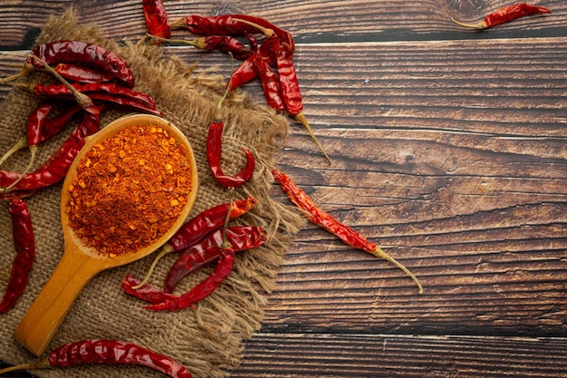 Cayenne dried pepper in wooden spoon