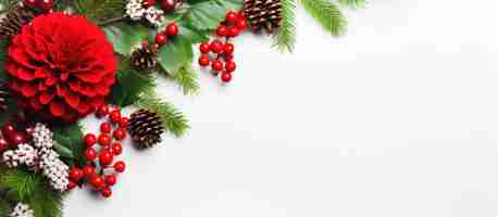 Free photo celebrate christmas with a table display of fir oak leaves rowan berries chrysanthemums and pine cones