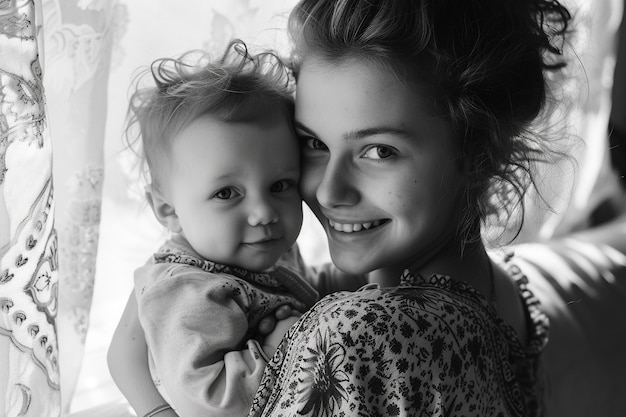 Free photo celebration of labour day with monochrome view of woman holding her newborn