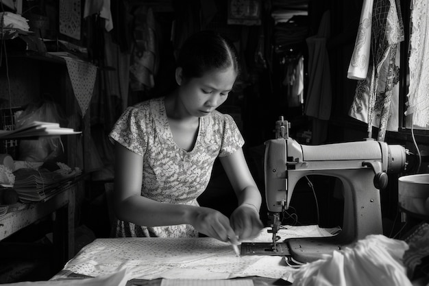 Free photo celebration of labour day with monochrome view of woman working as a seamstress