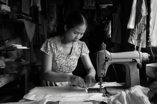 Foto gratuita celebrazione della festa del lavoro con la vista monocromatica di una donna che lavora come sarta