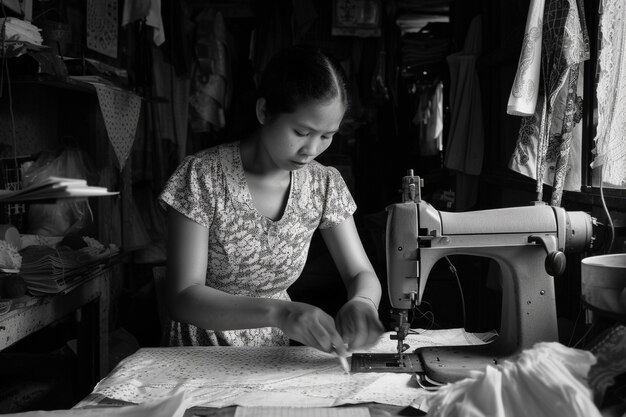 縫製師として働く女性の単色の視点で労働者の日の祝い