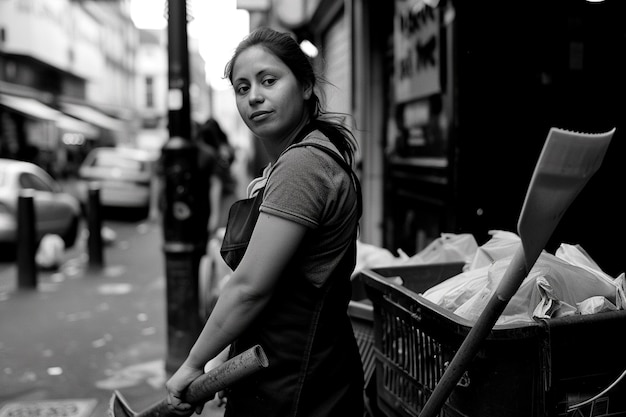 Celebration of labour day with monochrome view of woman working at her job