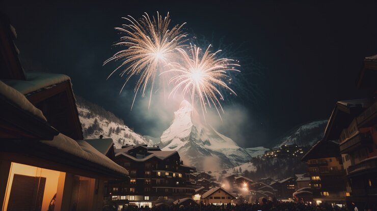 Free Photo celebration of new year's eve with fireworks and mountains