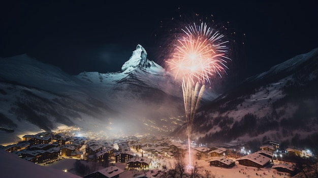無料写真 花火と山で大晦日を祝う