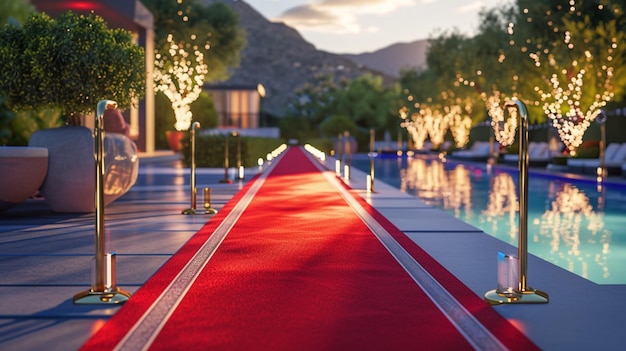 A celebrity pool party with a red carpet entrance