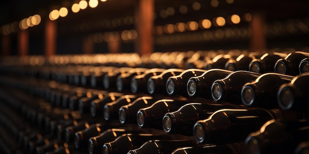 Cellar lined with rows of stored wine bottles