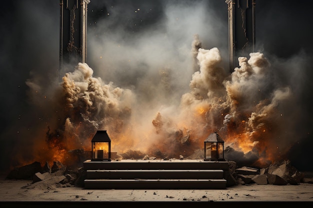 Free photo cement stage with explosion background