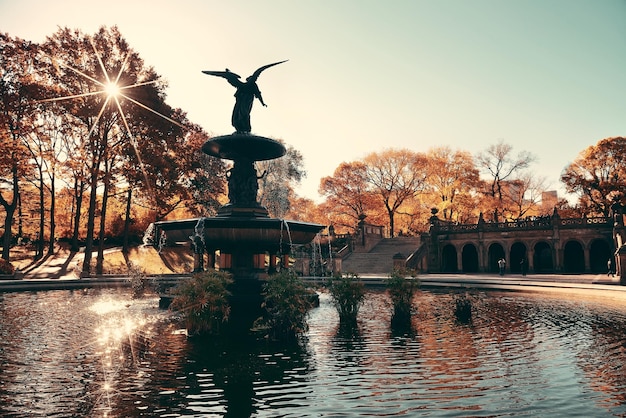 ニューヨーク市マンハッタンのミッドタウンにあるセントラルパークの秋と天使の噴水