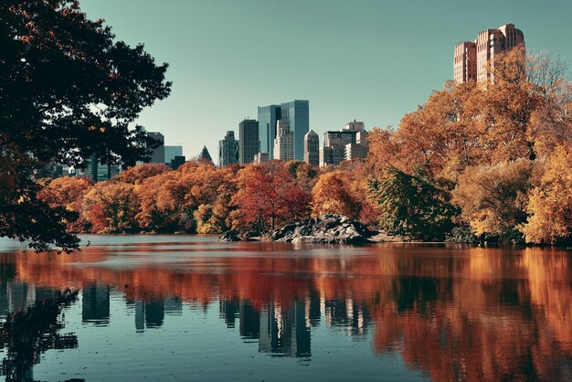 セントラルパークの秋とマンハッタンのミッドタウンニューヨーク市の建物の反射