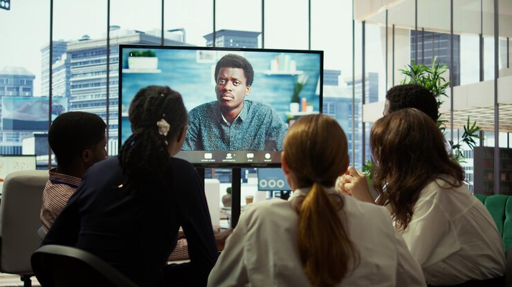 Free Photo ceo leading a meeting on online teleconference call in the boardroom