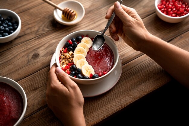 Ceramic bowl of delicious acai brazilian dessert