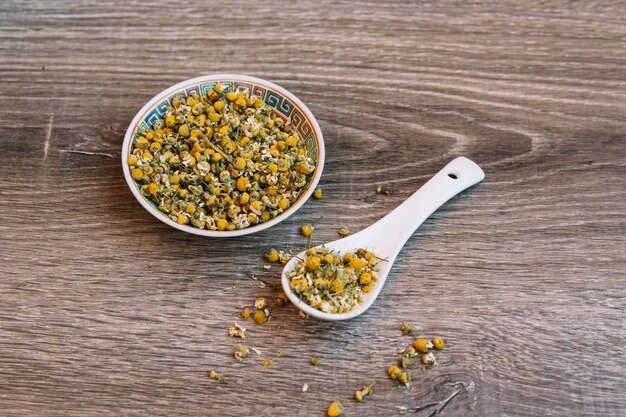 Ceramic bowl and spoon with herbs